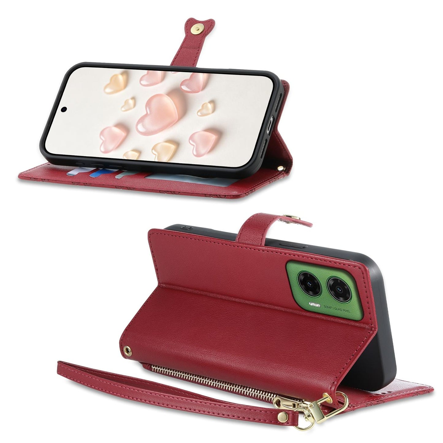 For Motorola Moto G35 Zipper Wallet Heart Buckle Vegan Leather Phone Case with Wrist Strap(Red)