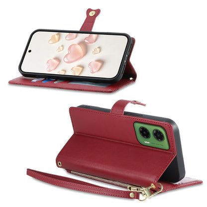 For Motorola Moto G35 Zipper Wallet Heart Buckle Vegan Leather Phone Case with Wrist Strap(Red)