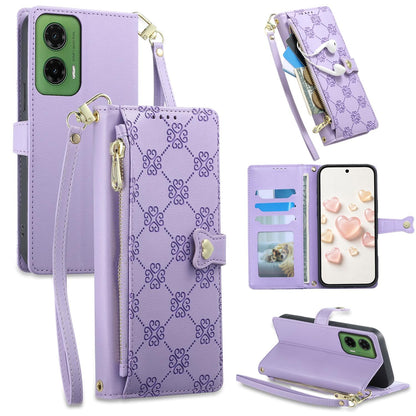 For Motorola Moto G35 Zipper Wallet Heart Buckle Vegan Leather Phone Case with Wrist Strap(Purple)