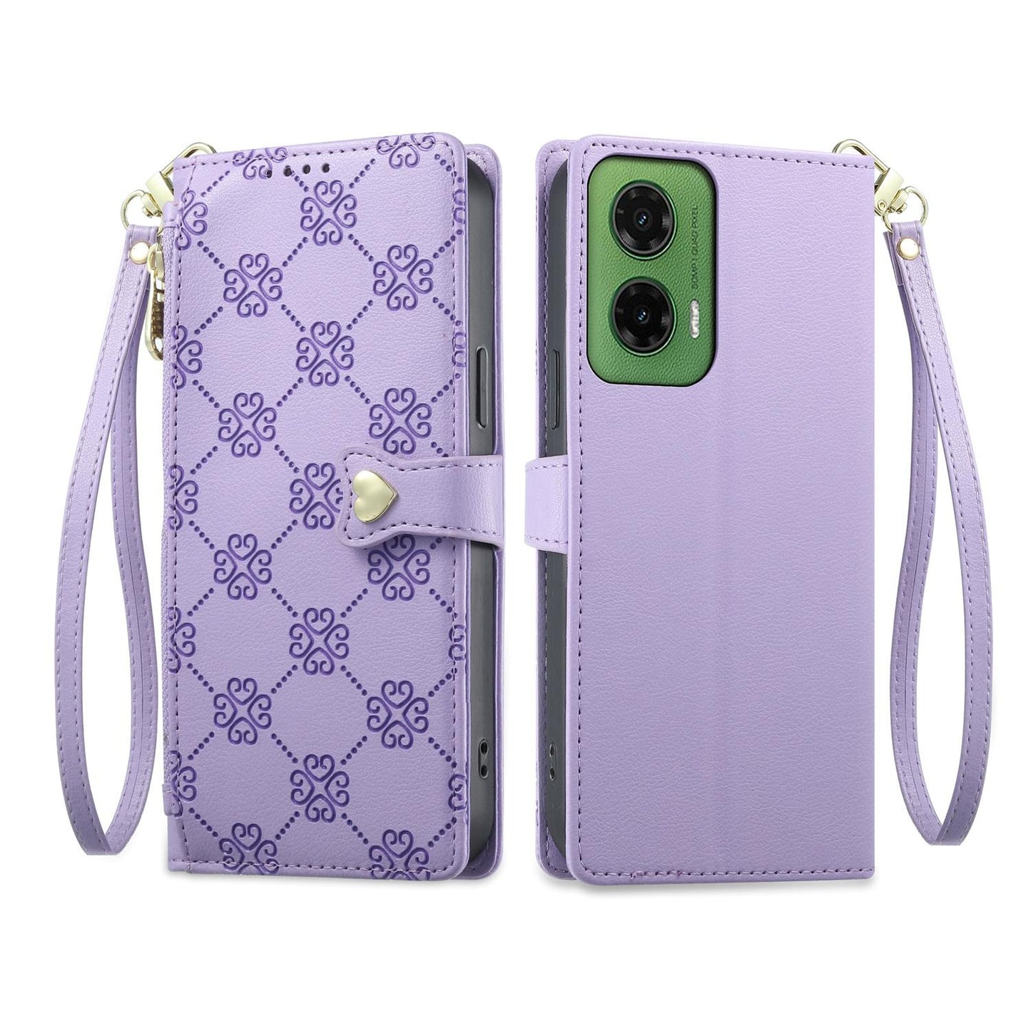 For Motorola Moto G35 Zipper Wallet Heart Buckle Vegan Leather Phone Case with Wrist Strap(Purple)