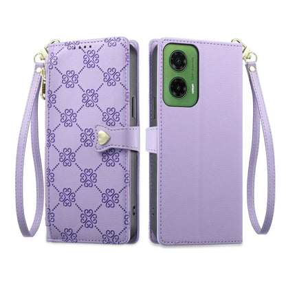 For Motorola Moto G35 Zipper Wallet Heart Buckle Vegan Leather Phone Case with Wrist Strap(Purple)