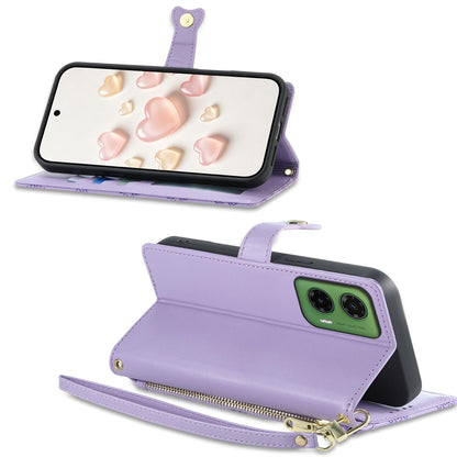 For Motorola Moto G35 Zipper Wallet Heart Buckle Vegan Leather Phone Case with Wrist Strap(Purple)