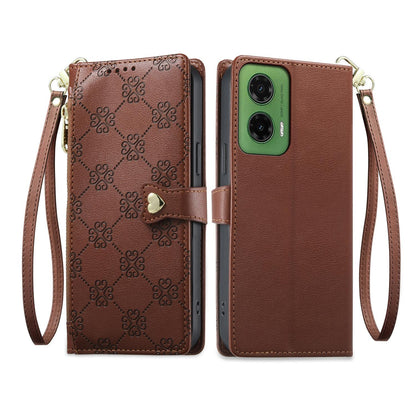 For Motorola Moto G35 Zipper Wallet Heart Buckle Vegan Leather Phone Case with Wrist Strap(Brown)