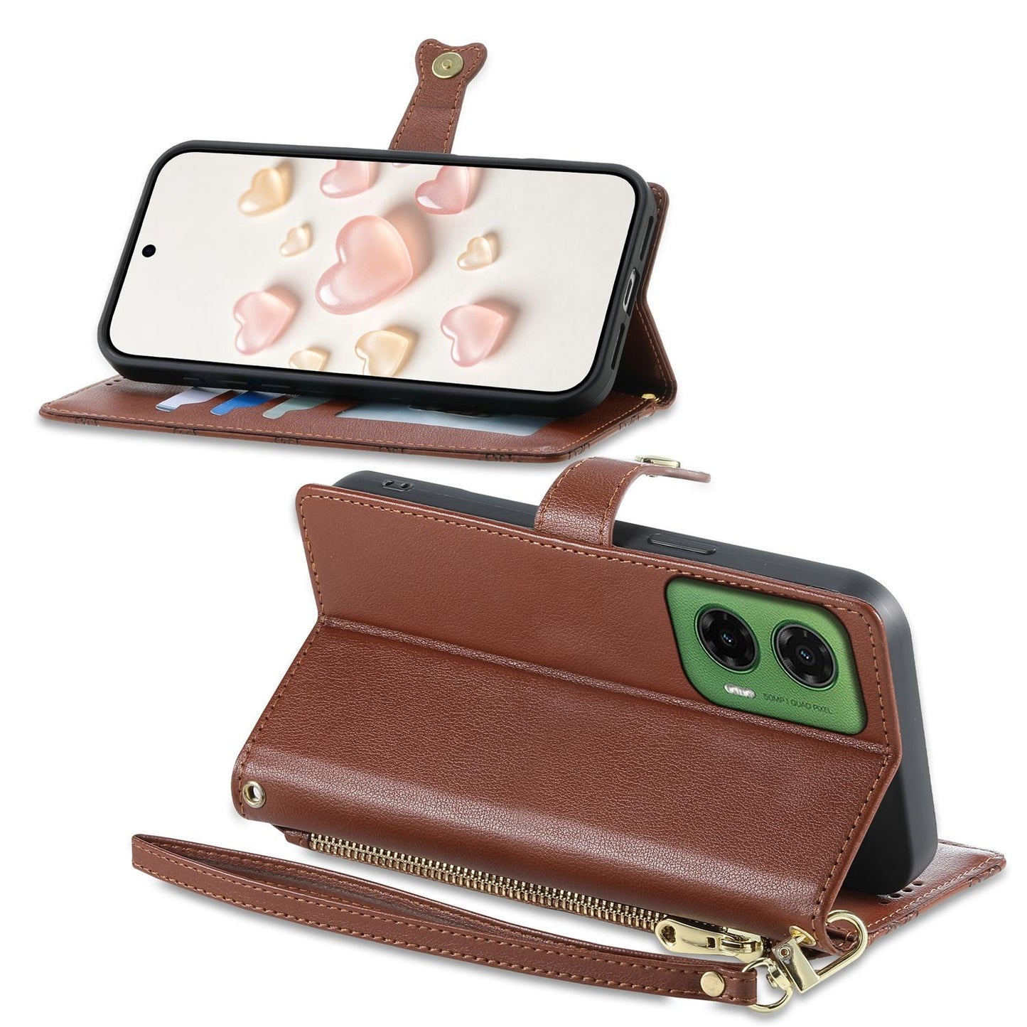 For Motorola Moto G35 Zipper Wallet Heart Buckle Vegan Leather Phone Case with Wrist Strap(Brown)