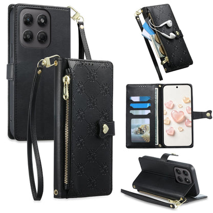For Motorola Moto G47 / G37 / G37 Power 5G Zipper Wallet Heart Buckle Vegan Leather Phone Case with Wrist Strap(Black)