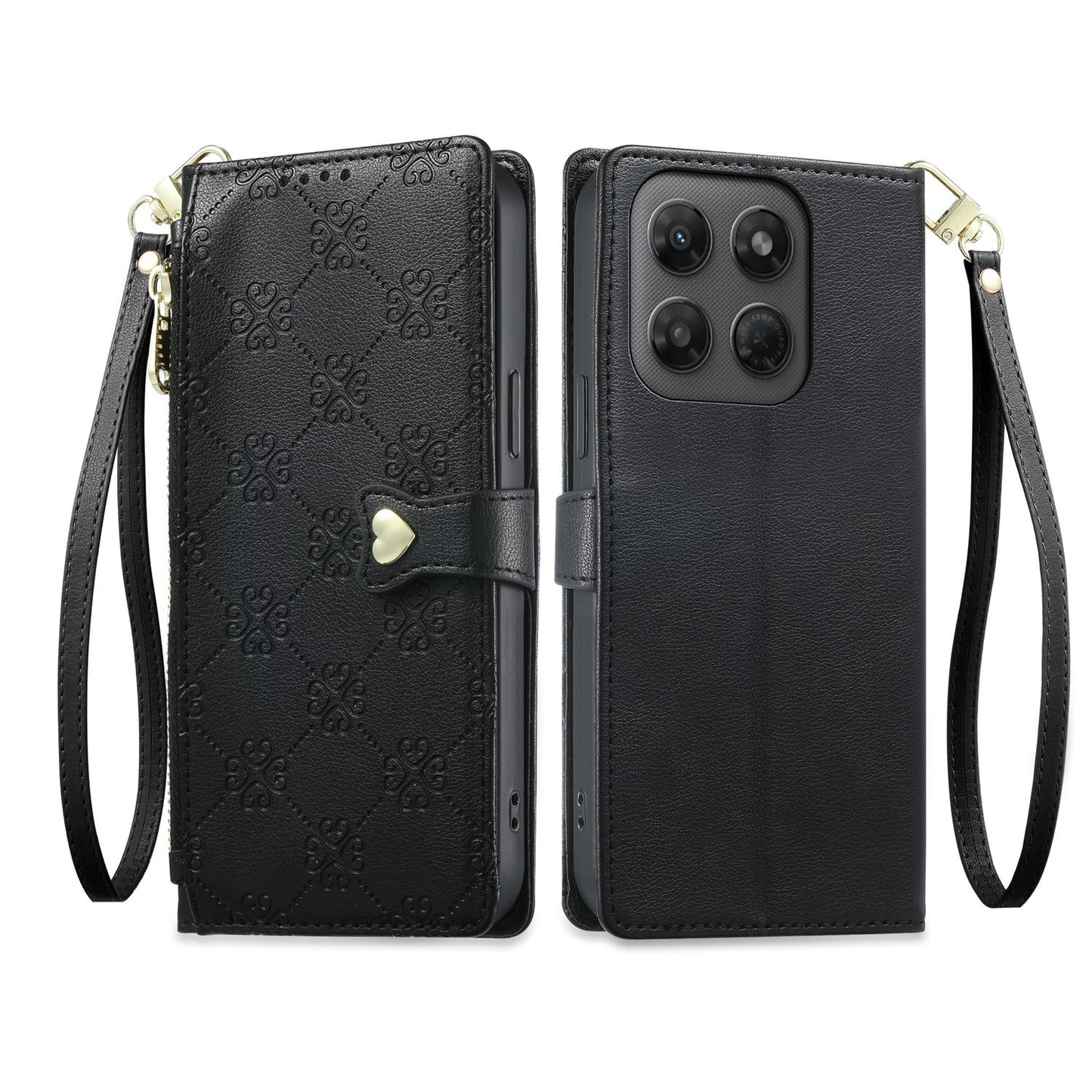For Motorola Moto G47 / G37 / G37 Power 5G Zipper Wallet Heart Buckle Vegan Leather Phone Case with Wrist Strap(Black)
