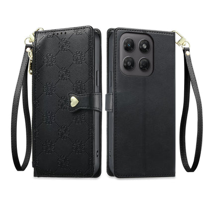 For Motorola Moto G47 / G37 / G37 Power 5G Zipper Wallet Heart Buckle Vegan Leather Phone Case with Wrist Strap(Black)