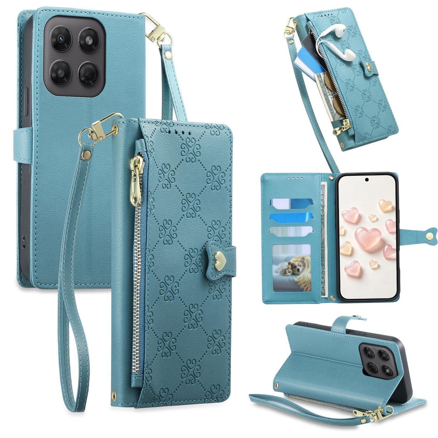 For Motorola Moto G47 / G37 / G37 Power 5G Zipper Wallet Heart Buckle Vegan Leather Phone Case with Wrist Strap(Lake Blue)
