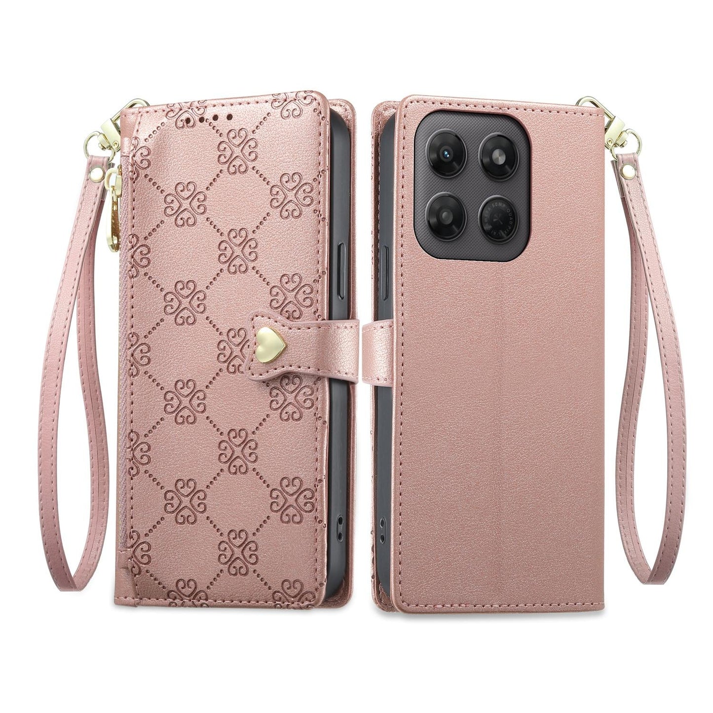 For Motorola Moto G47 / G37 / G37 Power 5G Zipper Wallet Heart Buckle Vegan Leather Phone Case with Wrist Strap(Pink)