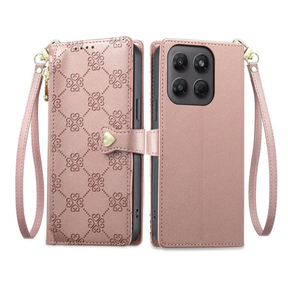 For Motorola Moto G47 / G37 / G37 Power 5G Zipper Wallet Heart Buckle Vegan Leather Phone Case with Wrist Strap(Pink)