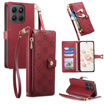 For Motorola Moto G47 / G37 / G37 Power 5G Zipper Wallet Heart Buckle Vegan Leather Phone Case with Wrist Strap(Red)