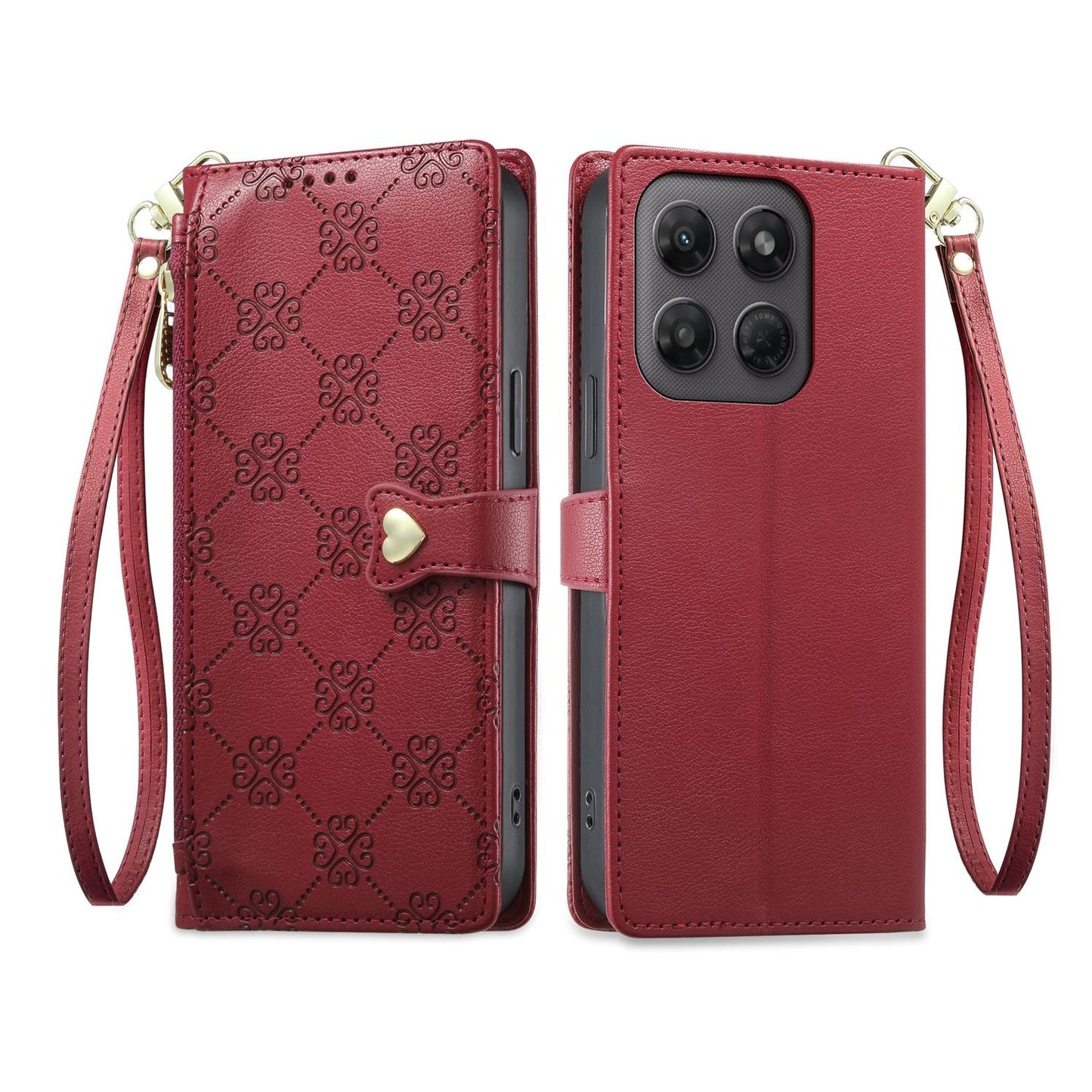 For Motorola Moto G47 / G37 / G37 Power 5G Zipper Wallet Heart Buckle Vegan Leather Phone Case with Wrist Strap(Red)