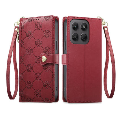 For Motorola Moto G47 / G37 / G37 Power 5G Zipper Wallet Heart Buckle Vegan Leather Phone Case with Wrist Strap(Red)