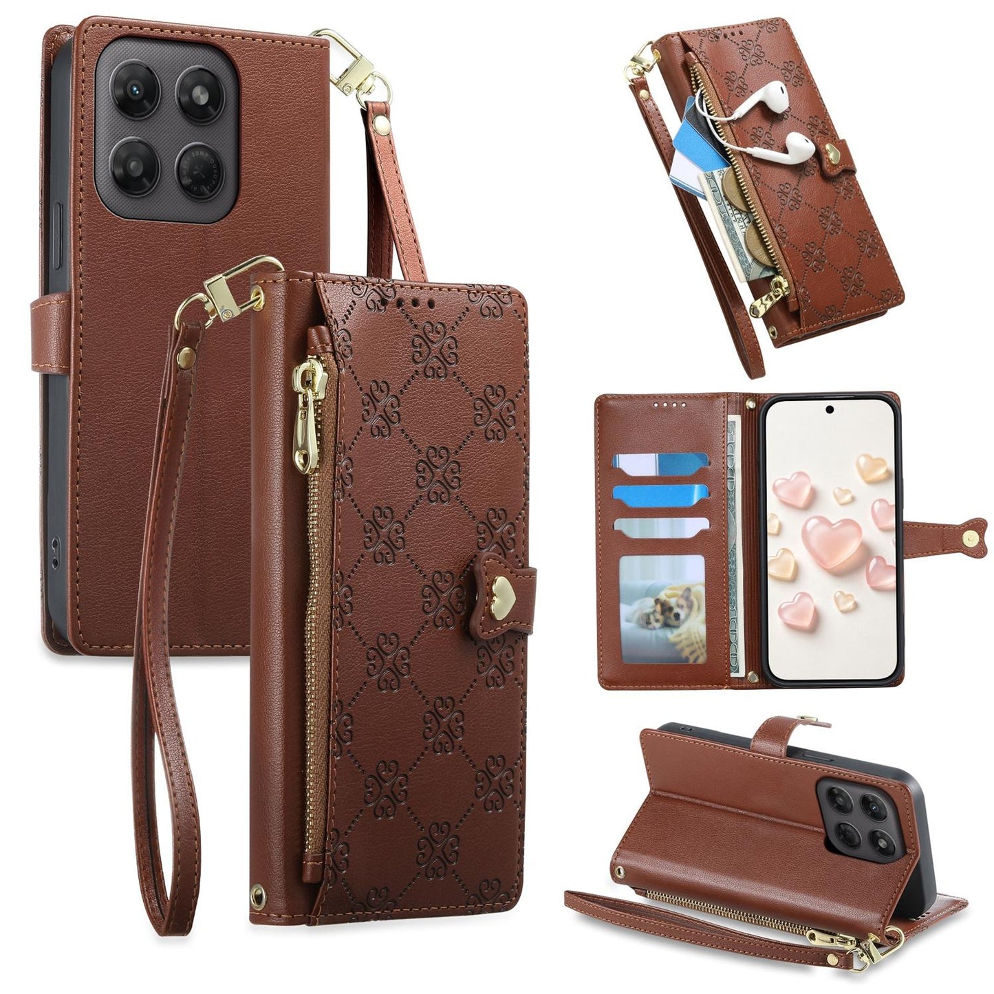 For Motorola Moto G47 / G37 / G37 Power 5G Zipper Wallet Heart Buckle Vegan Leather Phone Case with Wrist Strap(Brown)