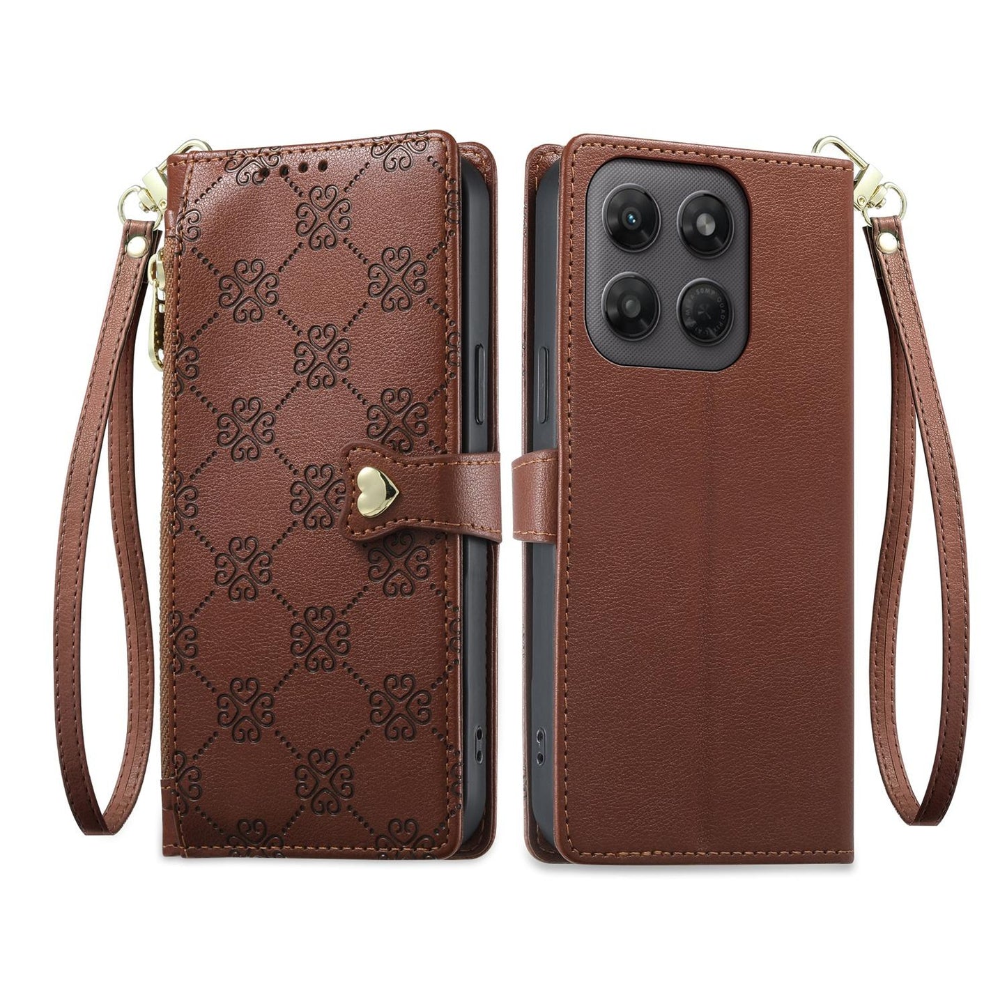 For Motorola Moto G47 / G37 / G37 Power 5G Zipper Wallet Heart Buckle Vegan Leather Phone Case with Wrist Strap(Brown)