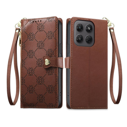 For Motorola Moto G47 / G37 / G37 Power 5G Zipper Wallet Heart Buckle Vegan Leather Phone Case with Wrist Strap(Brown)