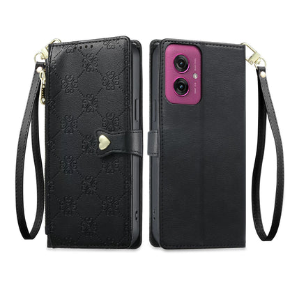 For Motorola Moto G55 Zipper Wallet Heart Buckle Vegan Leather Phone Case with Wrist Strap(Black)