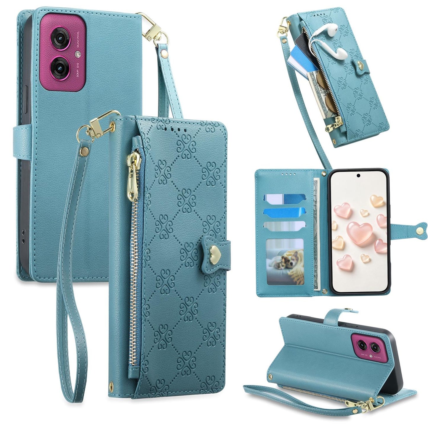 For Motorola Moto G55 Zipper Wallet Heart Buckle Vegan Leather Phone Case with Wrist Strap(Lake Blue)