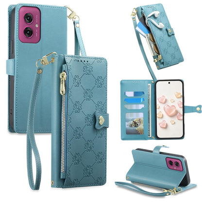 For Motorola Moto G55 Zipper Wallet Heart Buckle Vegan Leather Phone Case with Wrist Strap(Lake Blue)