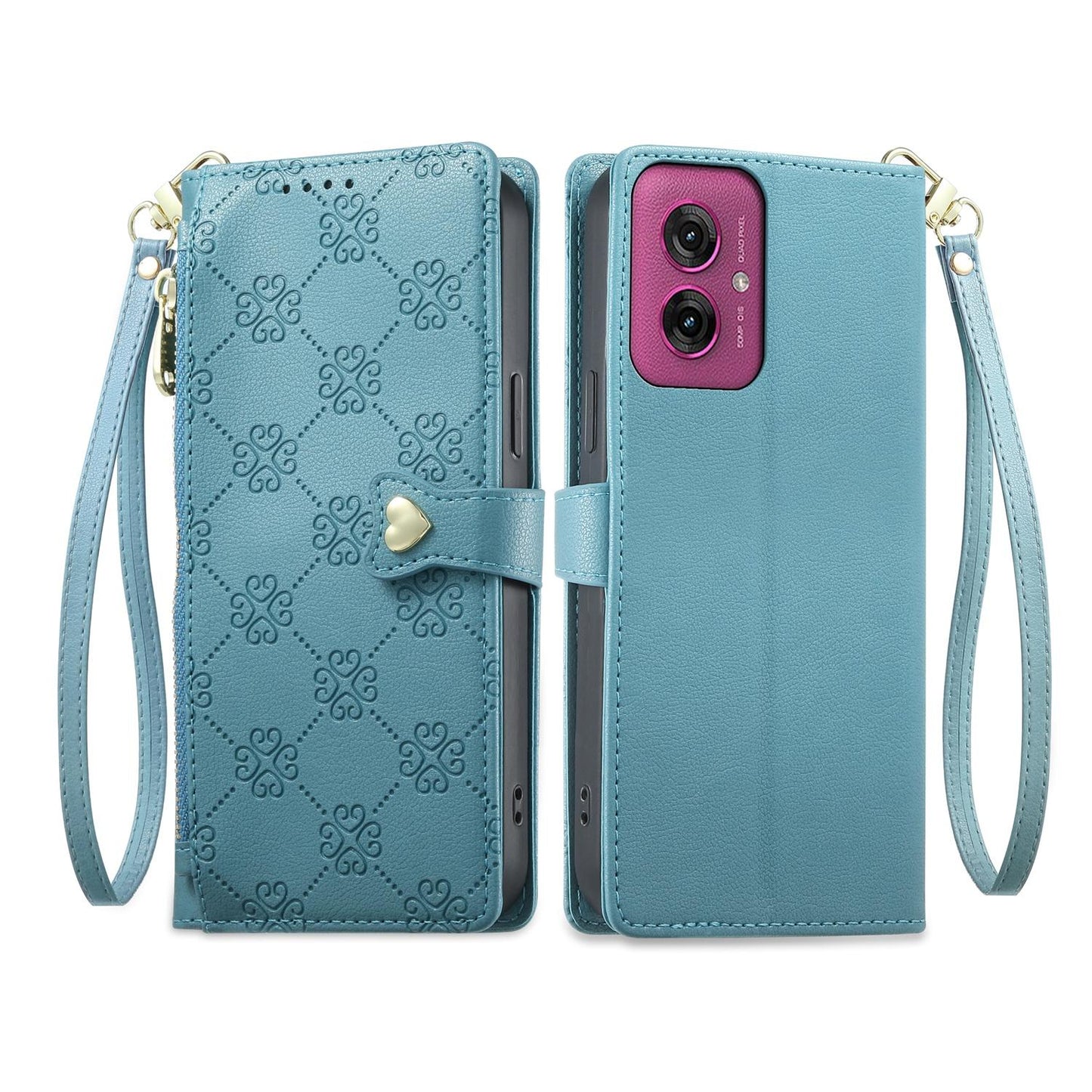 For Motorola Moto G55 Zipper Wallet Heart Buckle Vegan Leather Phone Case with Wrist Strap(Lake Blue)
