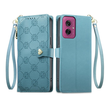 For Motorola Moto G55 Zipper Wallet Heart Buckle Vegan Leather Phone Case with Wrist Strap(Lake Blue)