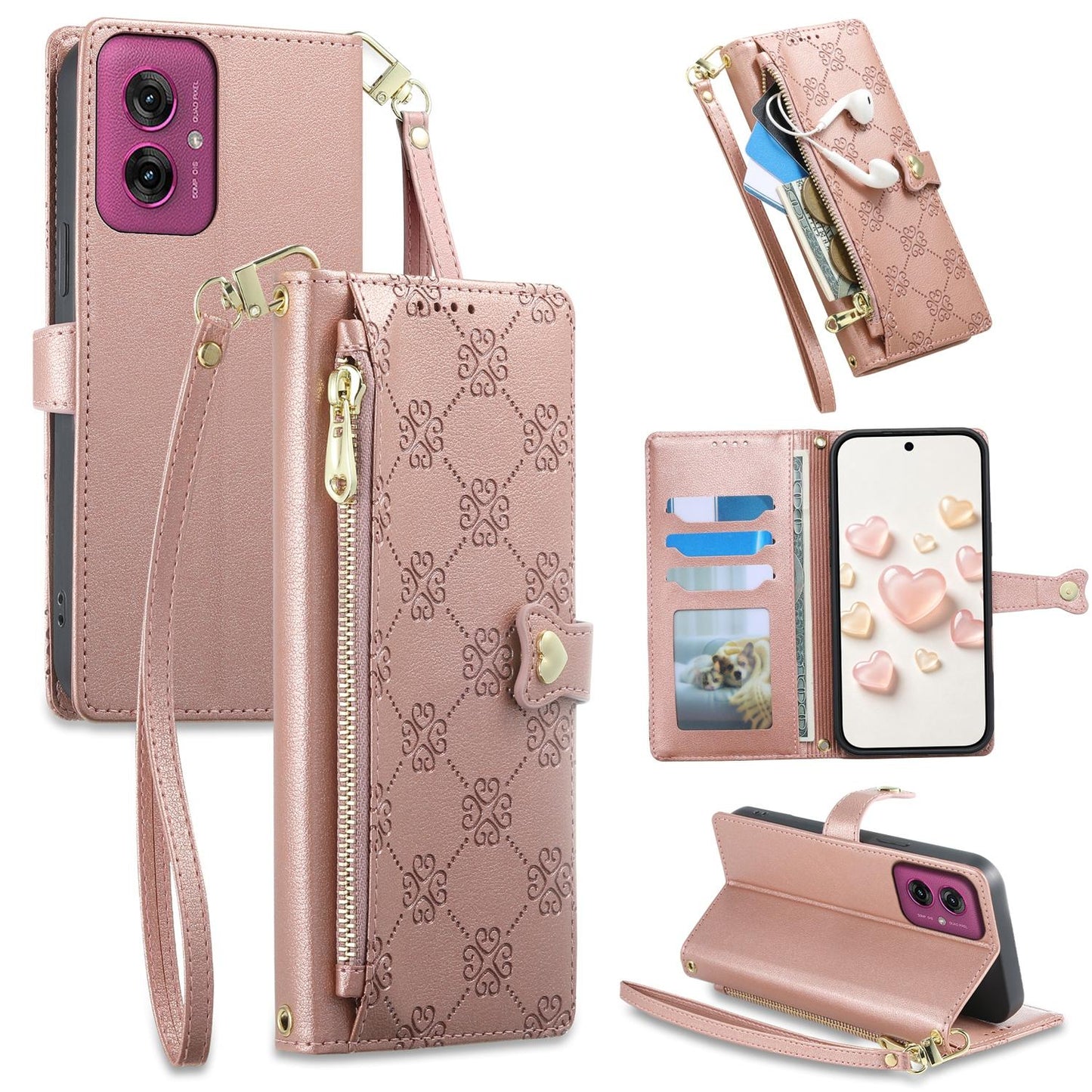 For Motorola Moto G55 Zipper Wallet Heart Buckle Vegan Leather Phone Case with Wrist Strap(Pink)