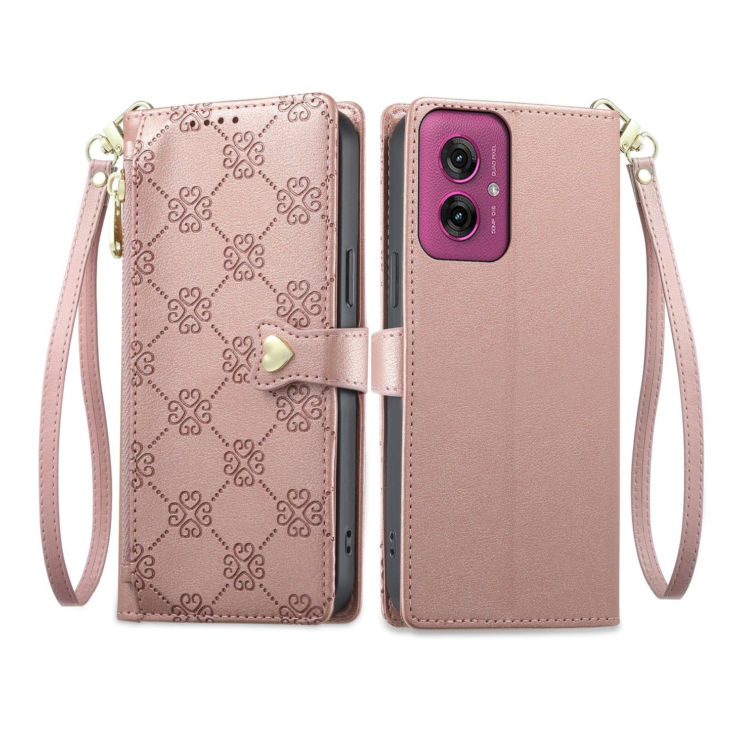 For Motorola Moto G55 Zipper Wallet Heart Buckle Vegan Leather Phone Case with Wrist Strap(Pink)