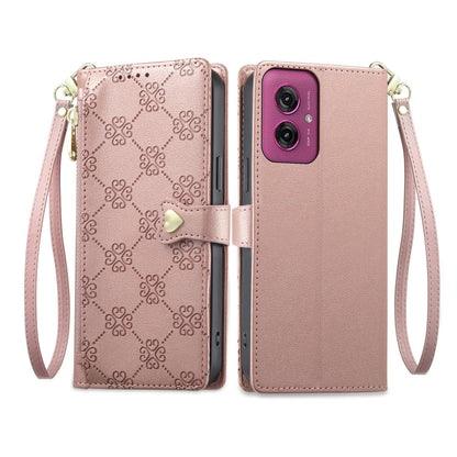 For Motorola Moto G55 Zipper Wallet Heart Buckle Vegan Leather Phone Case with Wrist Strap(Pink)