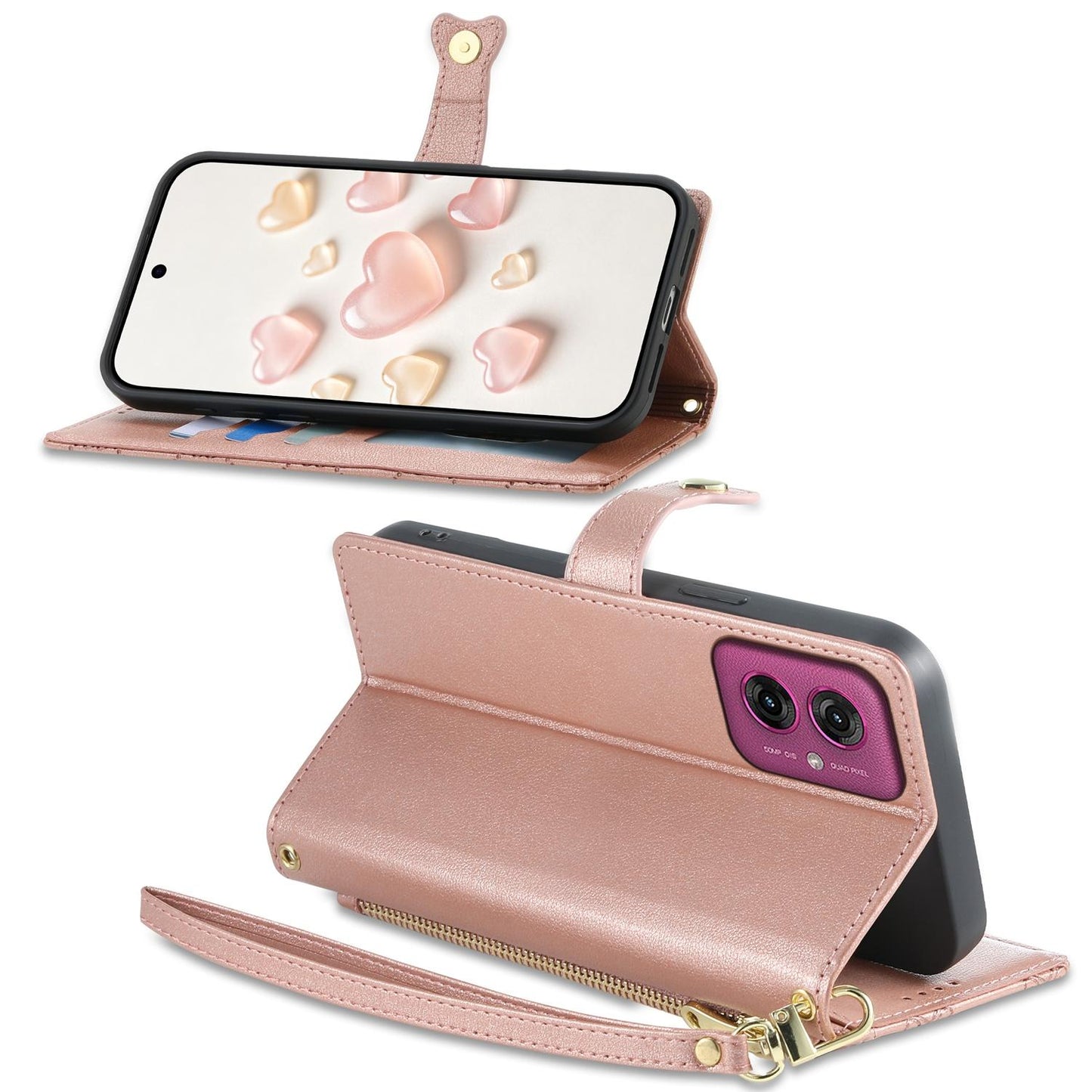For Motorola Moto G55 Zipper Wallet Heart Buckle Vegan Leather Phone Case with Wrist Strap(Pink)