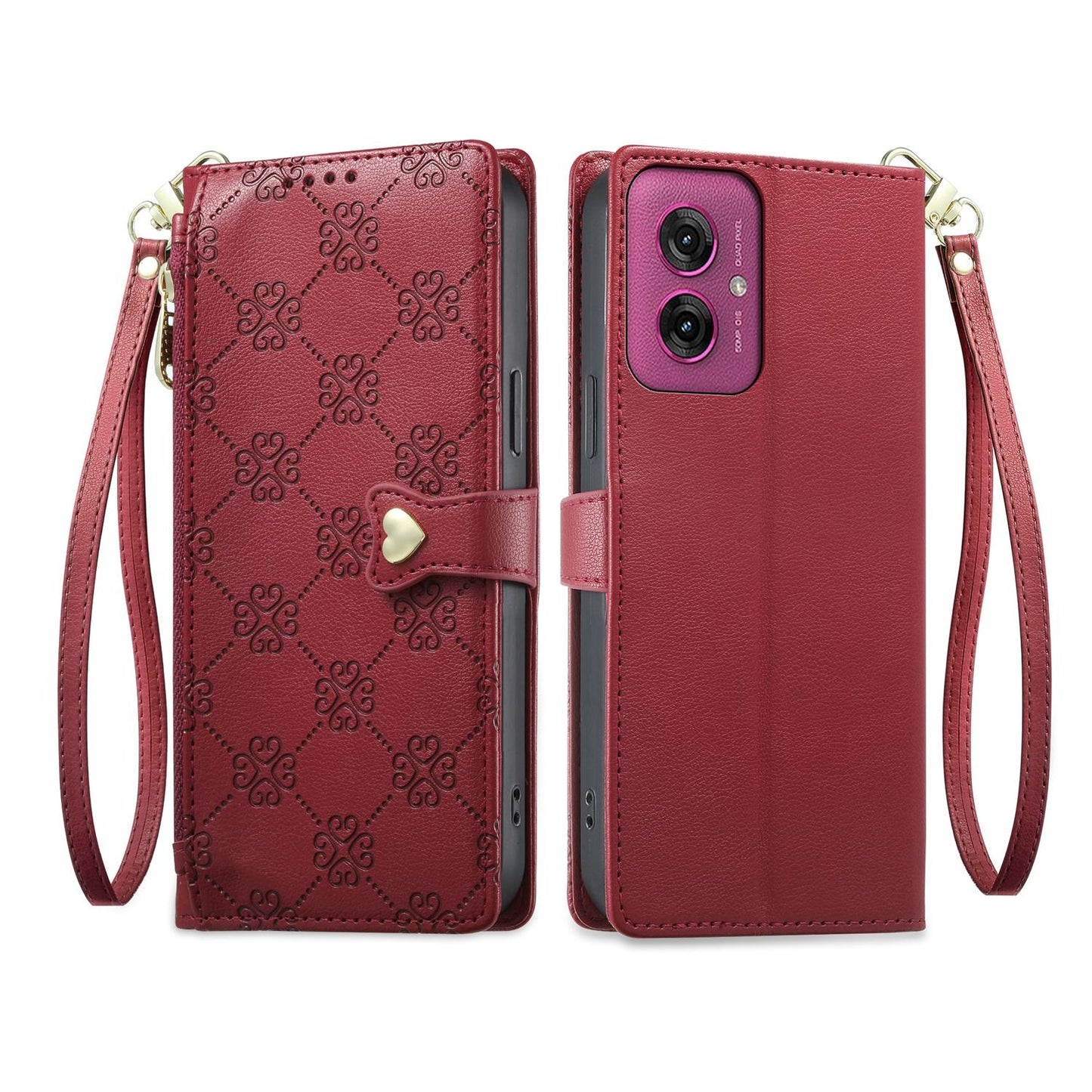 For Motorola Moto G55 Zipper Wallet Heart Buckle Vegan Leather Phone Case with Wrist Strap(Red)