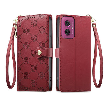 For Motorola Moto G55 Zipper Wallet Heart Buckle Vegan Leather Phone Case with Wrist Strap(Red)
