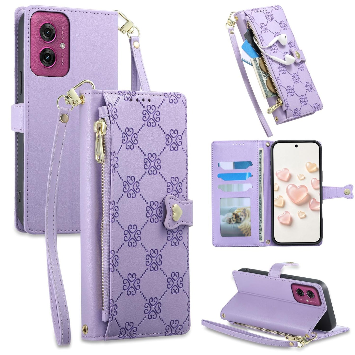 For Motorola Moto G55 Zipper Wallet Heart Buckle Vegan Leather Phone Case with Wrist Strap(Purple)