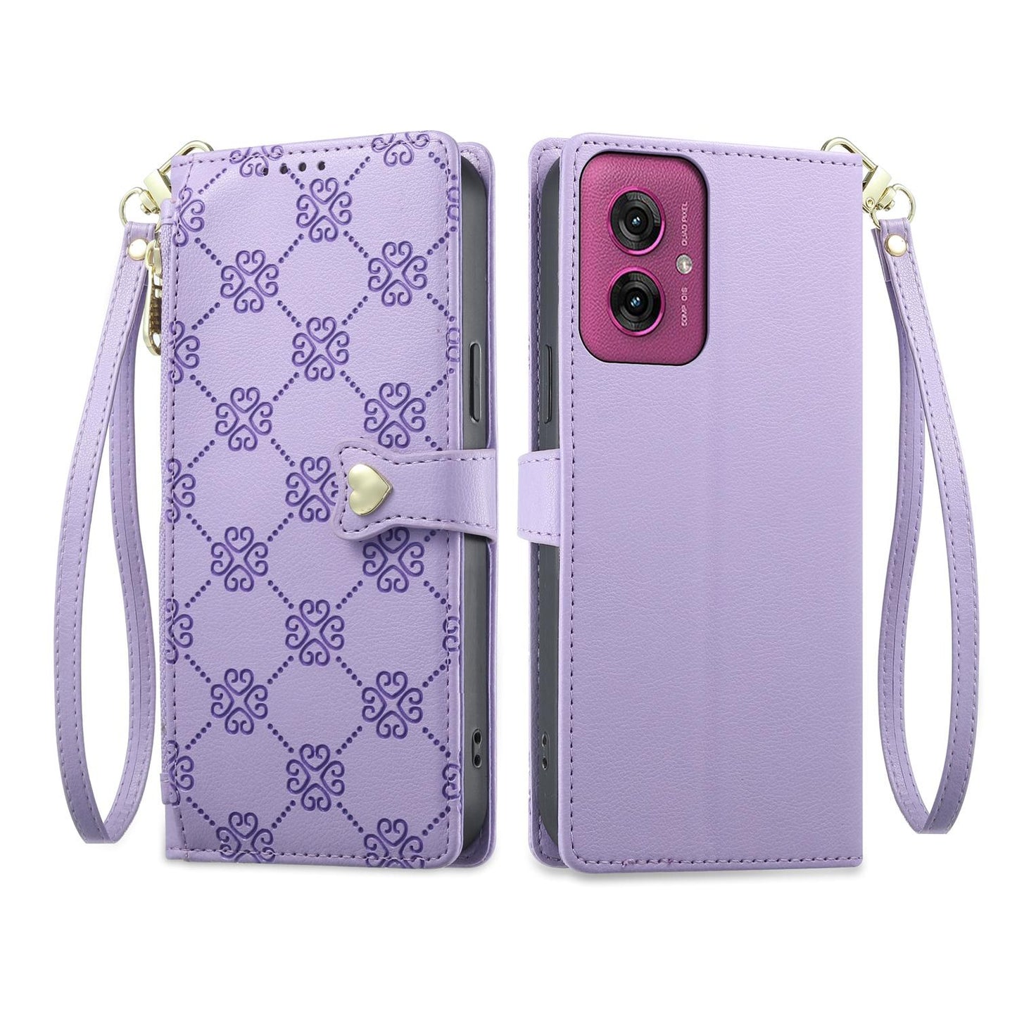 For Motorola Moto G55 Zipper Wallet Heart Buckle Vegan Leather Phone Case with Wrist Strap(Purple)