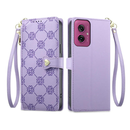For Motorola Moto G55 Zipper Wallet Heart Buckle Vegan Leather Phone Case with Wrist Strap(Purple)