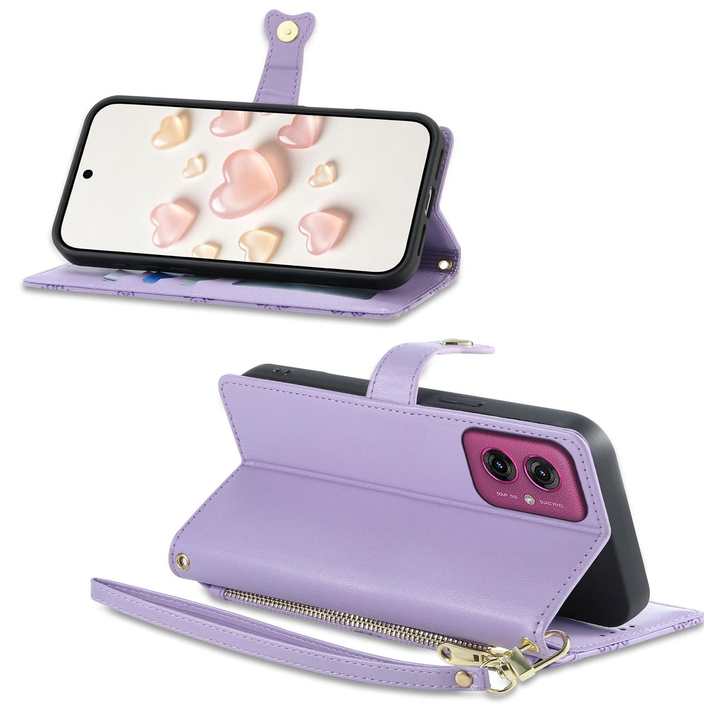 For Motorola Moto G55 Zipper Wallet Heart Buckle Vegan Leather Phone Case with Wrist Strap(Purple)
