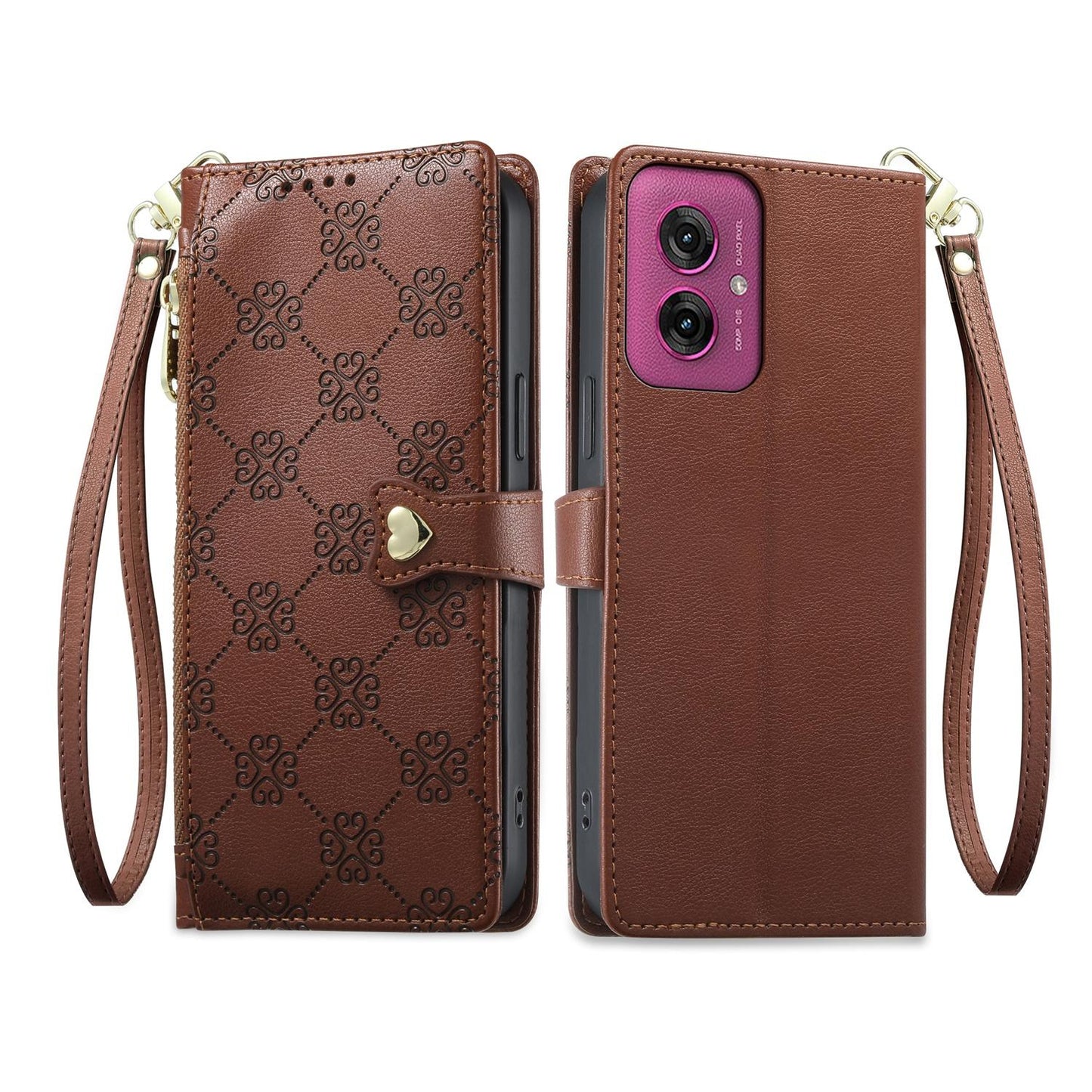 For Motorola Moto G55 Zipper Wallet Heart Buckle Vegan Leather Phone Case with Wrist Strap(Brown)