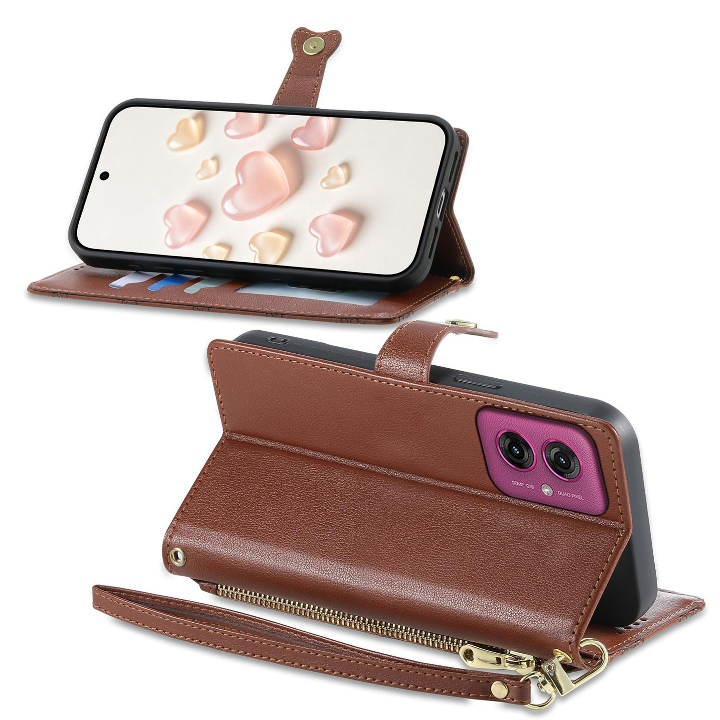 For Motorola Moto G55 Zipper Wallet Heart Buckle Vegan Leather Phone Case with Wrist Strap(Brown)