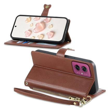 For Motorola Moto G55 Zipper Wallet Heart Buckle Vegan Leather Phone Case with Wrist Strap(Brown)