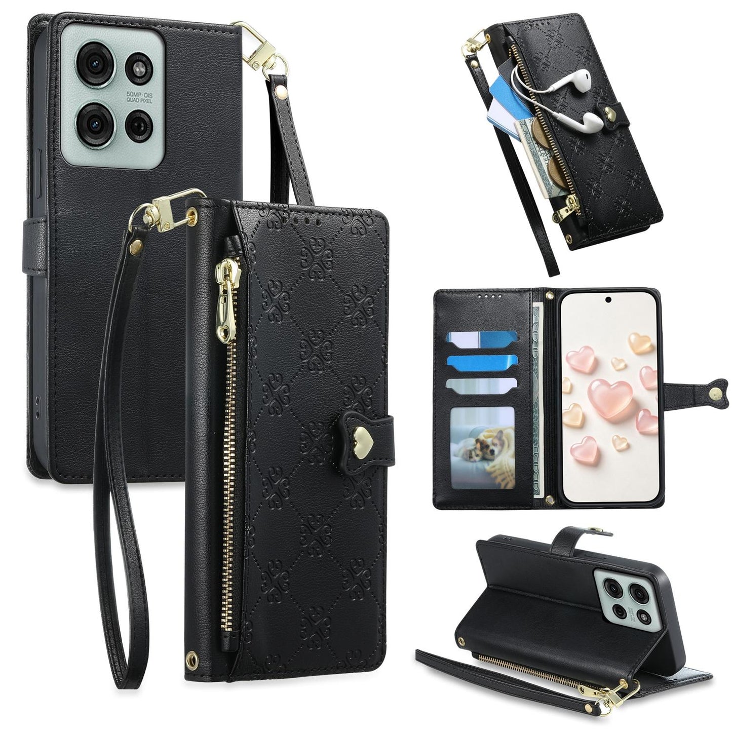 For Motorola Moto G75 5G Zipper Wallet Heart Buckle Vegan Leather Phone Case with Wrist Strap(Black)