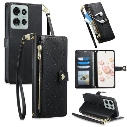 For Motorola Moto G75 5G Zipper Wallet Heart Buckle Vegan Leather Phone Case with Wrist Strap(Black)