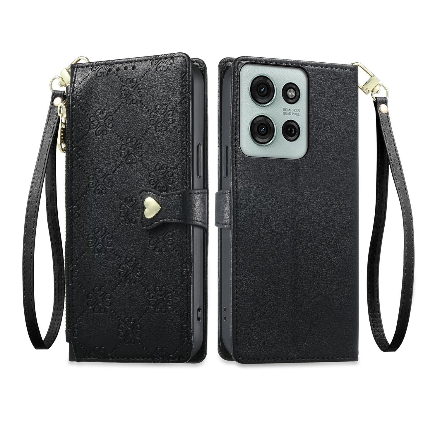 For Motorola Moto G75 5G Zipper Wallet Heart Buckle Vegan Leather Phone Case with Wrist Strap(Black)