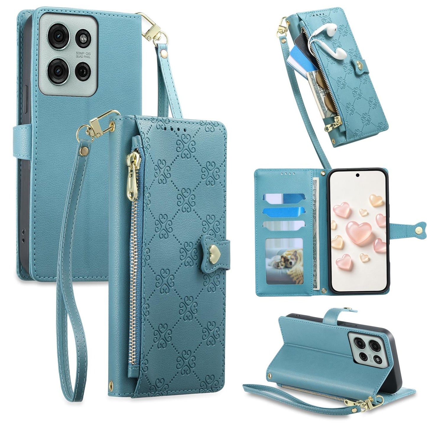 For Motorola Moto G75 5G Zipper Wallet Heart Buckle Vegan Leather Phone Case with Wrist Strap(Lake Blue)