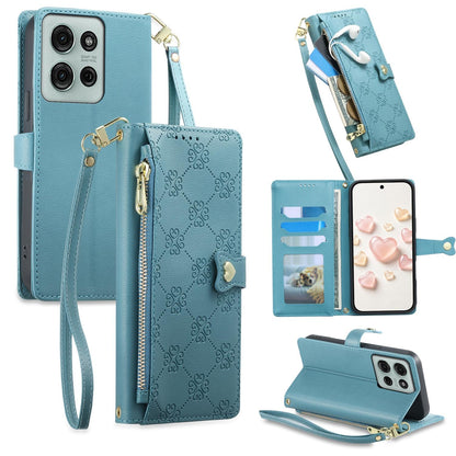 For Motorola Moto G75 5G Zipper Wallet Heart Buckle Vegan Leather Phone Case with Wrist Strap(Lake Blue)