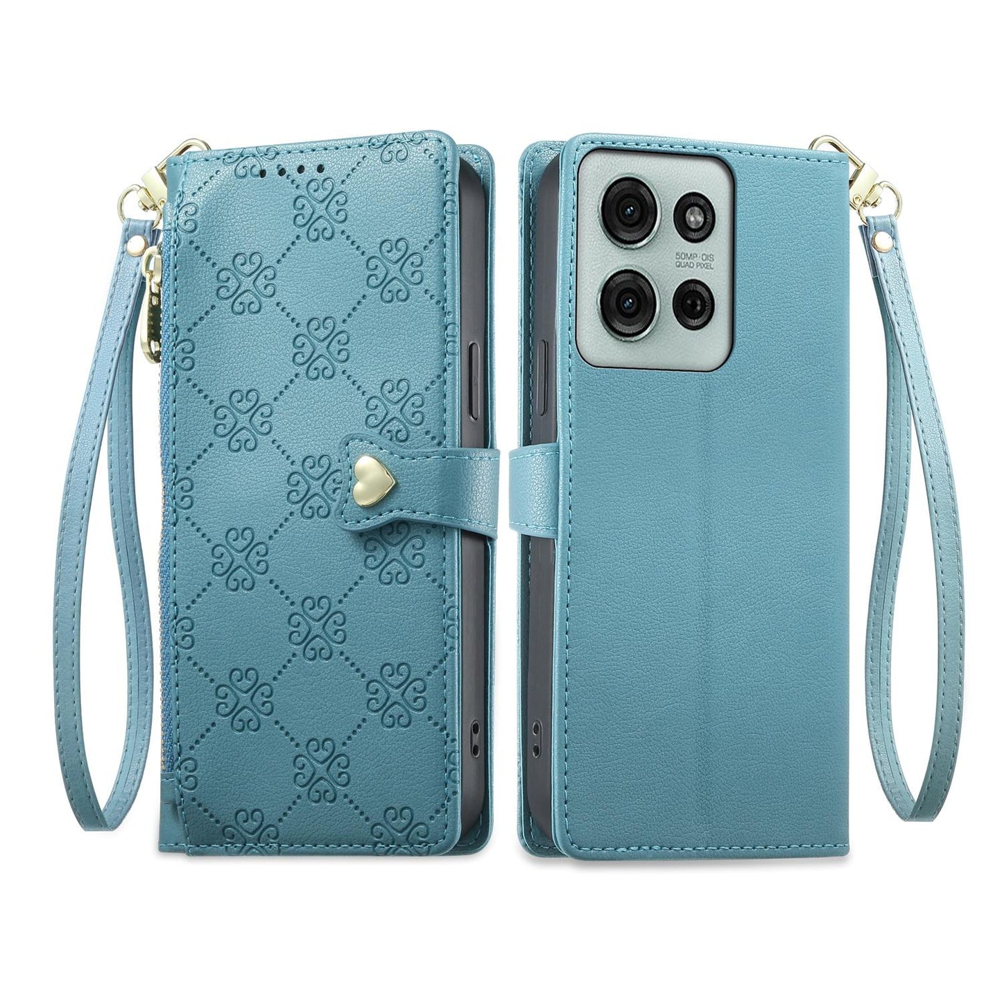 For Motorola Moto G75 5G Zipper Wallet Heart Buckle Vegan Leather Phone Case with Wrist Strap(Lake Blue)