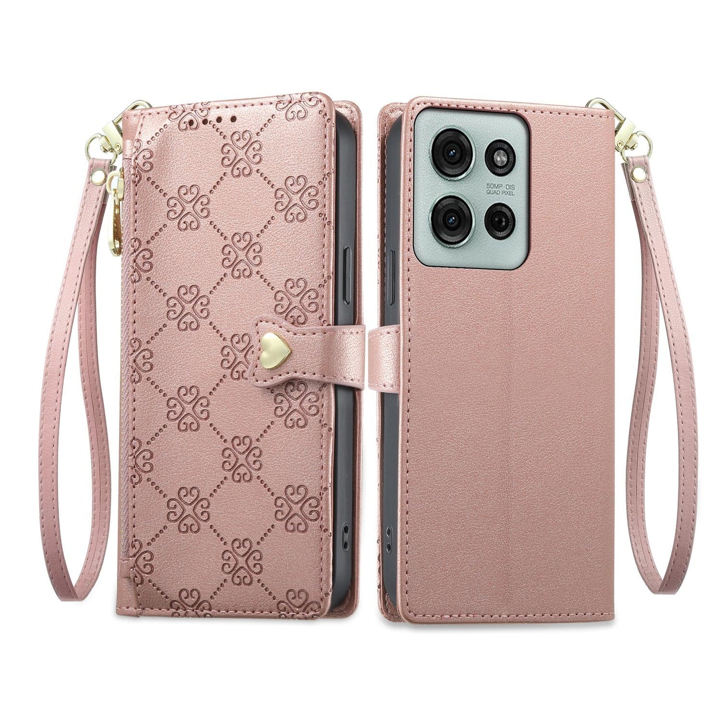 For Motorola Moto G75 5G Zipper Wallet Heart Buckle Vegan Leather Phone Case with Wrist Strap(Pink)