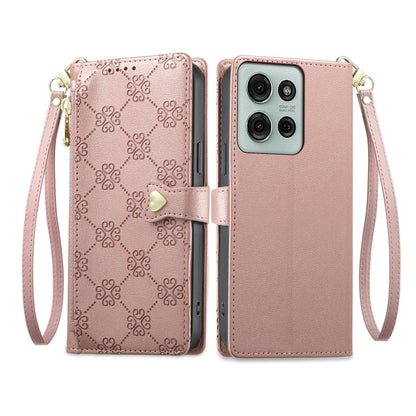 For Motorola Moto G75 5G Zipper Wallet Heart Buckle Vegan Leather Phone Case with Wrist Strap(Pink)
