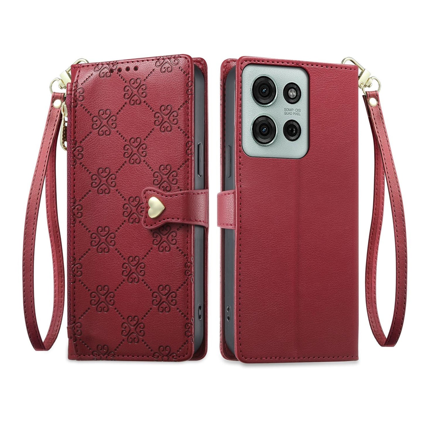 For Motorola Moto G75 5G Zipper Wallet Heart Buckle Vegan Leather Phone Case with Wrist Strap(Red)