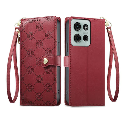 For Motorola Moto G75 5G Zipper Wallet Heart Buckle Vegan Leather Phone Case with Wrist Strap(Red)