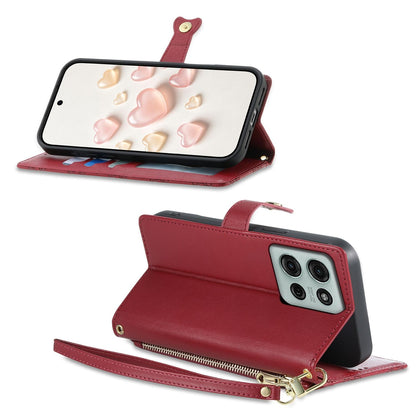 For Motorola Moto G75 5G Zipper Wallet Heart Buckle Vegan Leather Phone Case with Wrist Strap(Red)