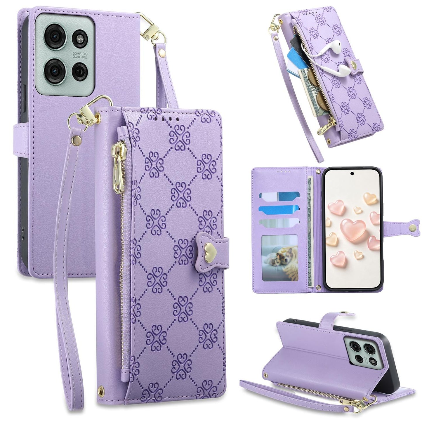For Motorola Moto G75 5G Zipper Wallet Heart Buckle Vegan Leather Phone Case with Wrist Strap(Purple)